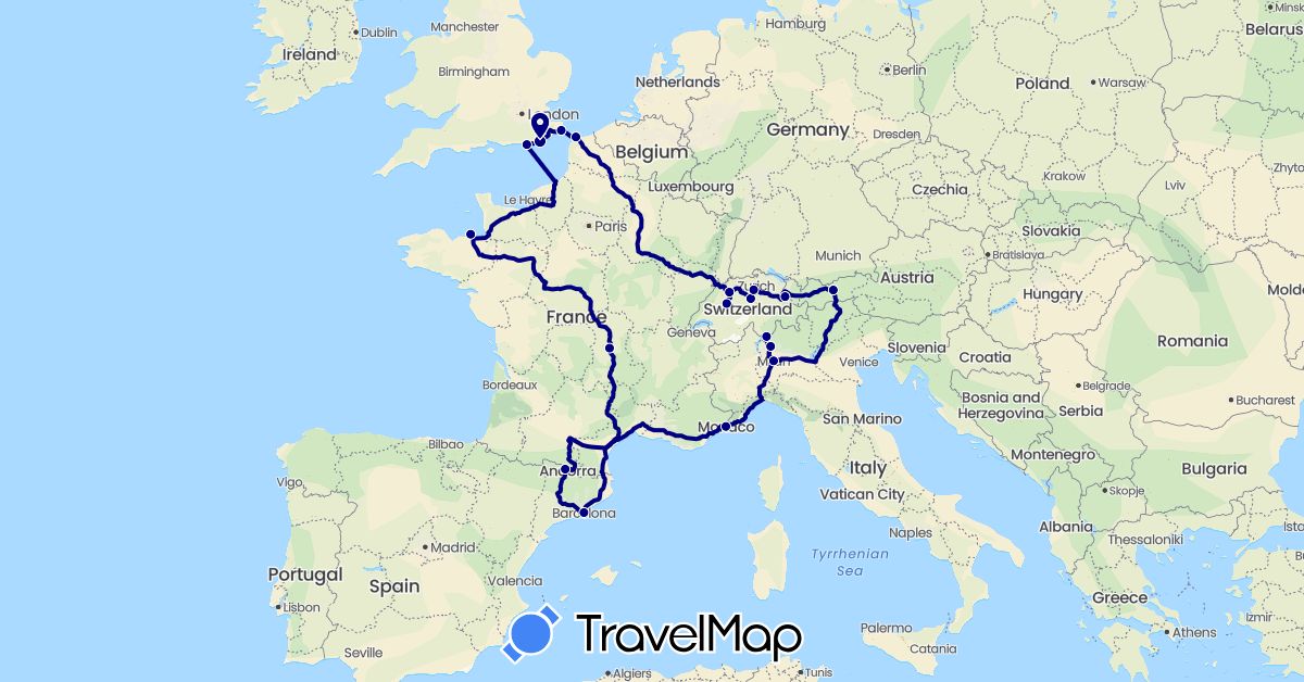 TravelMap itinerary: driving in Andorra, Austria, Switzerland, Spain, France, United Kingdom, Italy, Liechtenstein, Monaco (Europe)